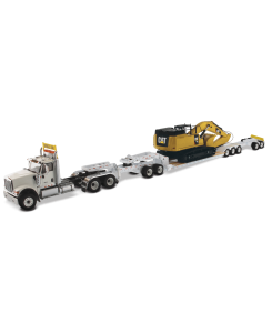 DM85600 - International HX520 Tandem Tractor + XL 120 Trailer outriggers White + CAT 349F L XE /1:50 Diecast Masters