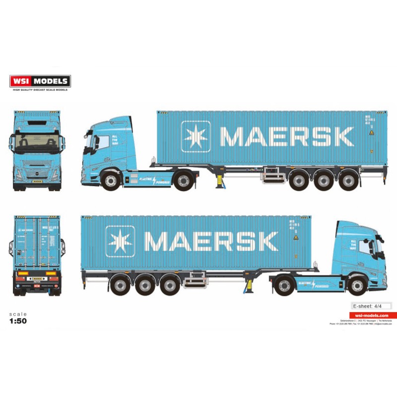 WSI04-2264 - Volvo FH Aero Globetrotter Electric 4x2 flex-container 40ft HQ Maersk /1:50 WSImodels